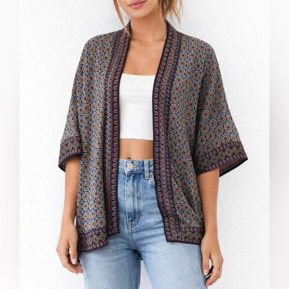 Max Studio Printed Open Front Kimono Cardigan | Size S | Boho Geo Medallion